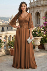 A Line Chiffon 3/4 Flutter Sleeves Mother of the Bride and Groom Dresses with Beaded Lace Embroidered Bodice