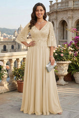 A Line Chiffon 3/4 Flutter Sleeves Mother of the Bride and Groom Dresses with Beaded Lace Embroidered Bodice