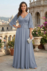 A Line Chiffon 3/4 Flutter Sleeves Mother of the Bride and Groom Dresses with Beaded Lace Embroidered Bodice