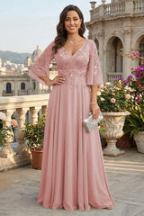 A Line Chiffon 3/4 Flutter Sleeves Mother of the Bride and Groom Dresses with Beaded Lace Embroidered Bodice