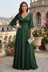 A Line Chiffon 3/4 Flutter Sleeves Mother of the Bride and Groom Dresses with Beaded Lace Embroidered Bodice