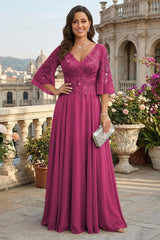 A Line Chiffon 3/4 Flutter Sleeves Mother of the Bride and Groom Dresses with Beaded Lace Embroidered Bodice