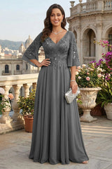 A Line Chiffon 3/4 Flutter Sleeves Mother of the Bride and Groom Dresses with Beaded Lace Embroidered Bodice