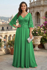 A Line Chiffon 3/4 Flutter Sleeves Mother of the Bride and Groom Dresses with Beaded Lace Embroidered Bodice