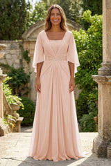 A‑Line Chiffon Pleated Floor‑Length Mother of the Bride & Groom Dress with 3/4 Flutter Sleeves and Sequin Waist