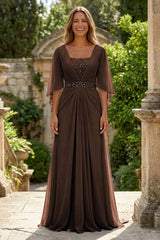 A‑Line Chiffon Pleated Floor‑Length Mother of the Bride & Groom Dress with 3/4 Flutter Sleeves and Sequin Waist