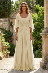 A‑Line Chiffon Pleated Floor‑Length Mother of the Bride & Groom Dress with 3/4 Flutter Sleeves and Sequin Waist
