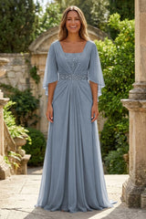 A‑Line Chiffon Pleated Floor‑Length Mother of the Bride & Groom Dress with 3/4 Flutter Sleeves and Sequin Waist