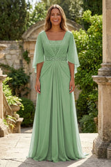 A‑Line Chiffon Pleated Floor‑Length Mother of the Bride & Groom Dress with 3/4 Flutter Sleeves and Sequin Waist