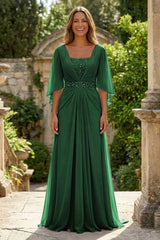 A‑Line Chiffon Pleated Floor‑Length Mother of the Bride & Groom Dress with 3/4 Flutter Sleeves and Sequin Waist