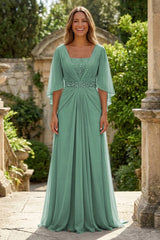 A‑Line Chiffon Pleated Floor‑Length Mother of the Bride & Groom Dress with 3/4 Flutter Sleeves and Sequin Waist