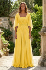 A‑Line Chiffon Pleated Floor‑Length Mother of the Bride & Groom Dress with 3/4 Flutter Sleeves and Sequin Waist