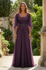 A‑Line Chiffon Pleated Floor‑Length Mother of the Bride & Groom Dress with 3/4 Flutter Sleeves and Sequin Waist