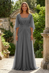 A‑Line Chiffon Pleated Floor‑Length Mother of the Bride & Groom Dress with 3/4 Flutter Sleeves and Sequin Waist