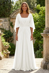A‑Line Chiffon Pleated Floor‑Length Mother of the Bride & Groom Dress with 3/4 Flutter Sleeves and Sequin Waist