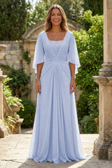 A‑Line Chiffon Pleated Floor‑Length Mother of the Bride & Groom Dress with 3/4 Flutter Sleeves and Sequin Waist