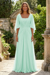 A‑Line Chiffon Pleated Floor‑Length Mother of the Bride & Groom Dress with 3/4 Flutter Sleeves and Sequin Waist