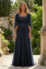 A‑Line Chiffon Pleated Floor‑Length Mother of the Bride & Groom Dress with 3/4 Flutter Sleeves and Sequin Waist