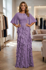 A Line Chiffon Tiered Ruffles Mother of the Bride and Groom Dresses with Ruched Waist
