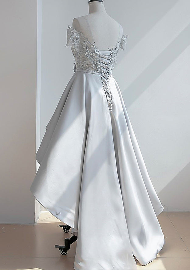 A-Line Illusion Neck Satin Asymmetrical Homecoming Dress with Appliqued Waistband - Babyonlines