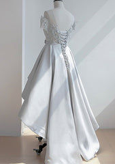 A-Line Illusion Neck Satin Asymmetrical Homecoming Dress with Appliqued Waistband - Babyonlines