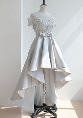 A-Line Illusion Neck Satin Asymmetrical Homecoming Dress with Appliqued Waistband - Babyonlines