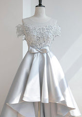 A-Line Illusion Neck Satin Asymmetrical Homecoming Dress with Appliqued Waistband - Babyonlines