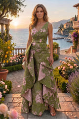 A‑Line Jacquard V‑Neck Mother of the Bride & Groom Dress with Ruffles and Corset Detail