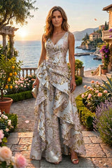 A‑Line Jacquard V‑Neck Mother of the Bride & Groom Dress with Ruffles and Corset Detail