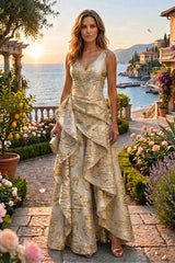 A‑Line Jacquard V‑Neck Mother of the Bride & Groom Dress with Ruffles and Corset Detail