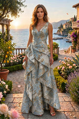 A‑Line Jacquard V‑Neck Mother of the Bride & Groom Dress with Ruffles and Corset Detail