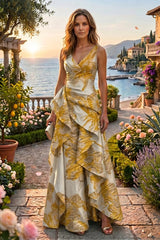 A‑Line Jacquard V‑Neck Mother of the Bride & Groom Dress with Ruffles and Corset Detail
