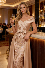 Elegant A Line Off Shoulder Mother of the Bride Dresses with Ruched Bodice Bow and Appliques