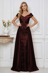 Elegant A Line Off Shoulder Mother of the Bride Dresses with Ruched Bodice Bow and Appliques