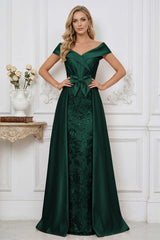 Elegant A Line Off Shoulder Mother of the Bride Dresses with Ruched Bodice Bow and Appliques