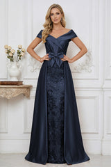 Elegant A Line Off Shoulder Mother of the Bride Dresses with Ruched Bodice Bow and Appliques