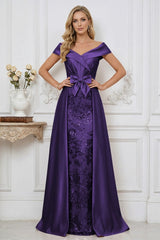 Elegant A Line Off Shoulder Mother of the Bride Dresses with Ruched Bodice Bow and Appliques