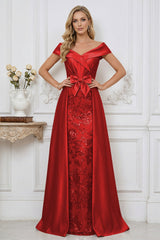 Elegant A Line Off Shoulder Mother of the Bride Dresses with Ruched Bodice Bow and Appliques