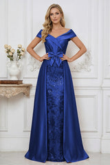 Elegant A Line Off Shoulder Mother of the Bride Dresses with Ruched Bodice Bow and Appliques