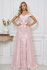 Elegant A Line Off Shoulder Mother of the Bride Dresses with Ruched Bodice Bow and Appliques