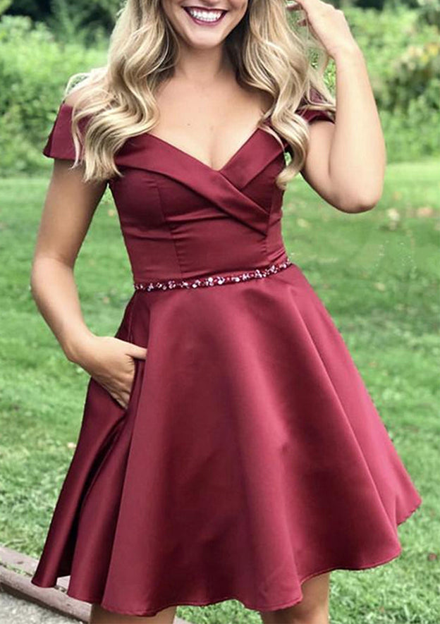 A-Line Off-the-Shoulder Satin Homecoming Dress With Beading Pockets - Babyonlines