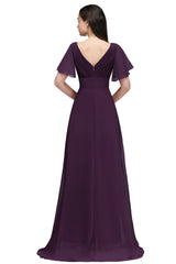 A Line Poet Sleeves Ruffle Chiffon V-Neck Long Bridesmaid Dress