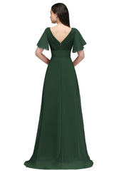A Line Poet Sleeves Ruffle Chiffon V-Neck Long Bridesmaid Dress