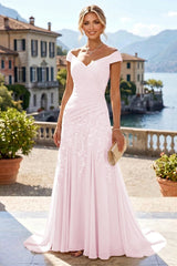 Off Shoulder Chiffon Lace A‑Line Mother of the Bride Dress, Ruched Waist With Sweep Train