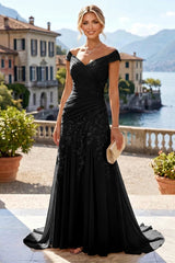 Off Shoulder Chiffon Lace A‑Line Mother of the Bride Dress, Ruched Waist With Sweep Train