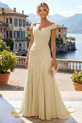 Off Shoulder Chiffon Lace A‑Line Mother of the Bride Dress, Ruched Waist With Sweep Train