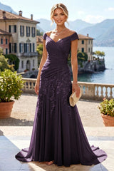 Off Shoulder Chiffon Lace A‑Line Mother of the Bride Dress, Ruched Waist With Sweep Train