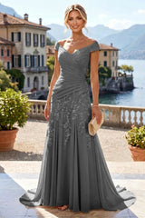 Off Shoulder Chiffon Lace A‑Line Mother of the Bride Dress, Ruched Waist With Sweep Train