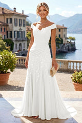 Off Shoulder Chiffon Lace A‑Line Mother of the Bride Dress, Ruched Waist With Sweep Train