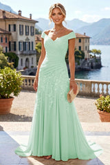 Off Shoulder Chiffon Lace A‑Line Mother of the Bride Dress, Ruched Waist With Sweep Train
